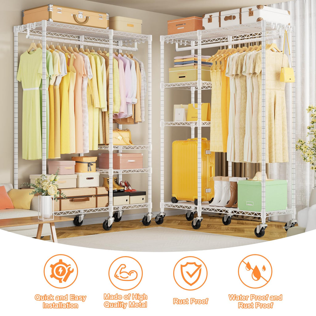 F4R Heavy Duty Clothes Rack(With Lockable Wheels ) Rolling Clothing Racks for Hanging Clothes,Adjustable Closet