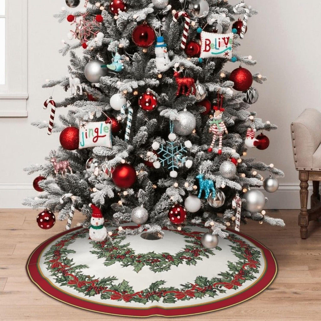 Bow Holly Fruit Christmas Tree Skirt 36 Inch Xmas Tree Mat Party Decor Supplies for Holiday Home Decorations