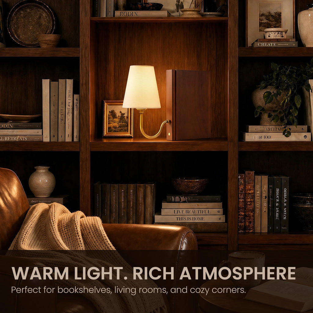 Solid Wood Bookshelf Lamp with Bulb, Cordless Rechargeable Touch Dimmable Table Lamp with Linen Fabric Shade, Modern