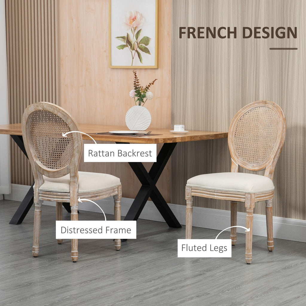 French-Style Upholstered Dining Chair Set, Armless Accent Side Chairs with Rattan Backrest and Linen-Touch