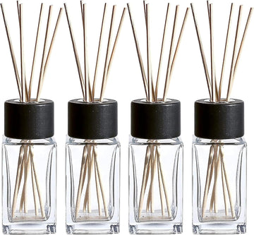 Natural Diffuser Reeds Bottles Sticks | Clear Glass Home Décor and Living Room | Black Wood Caps | Décorative - Set of 4