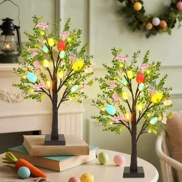 Easter Decor Lighted 24 Inch Artificial Tree with Easter Eggs & Colorful LED Lights, Light Up Tabletop - Set of 2