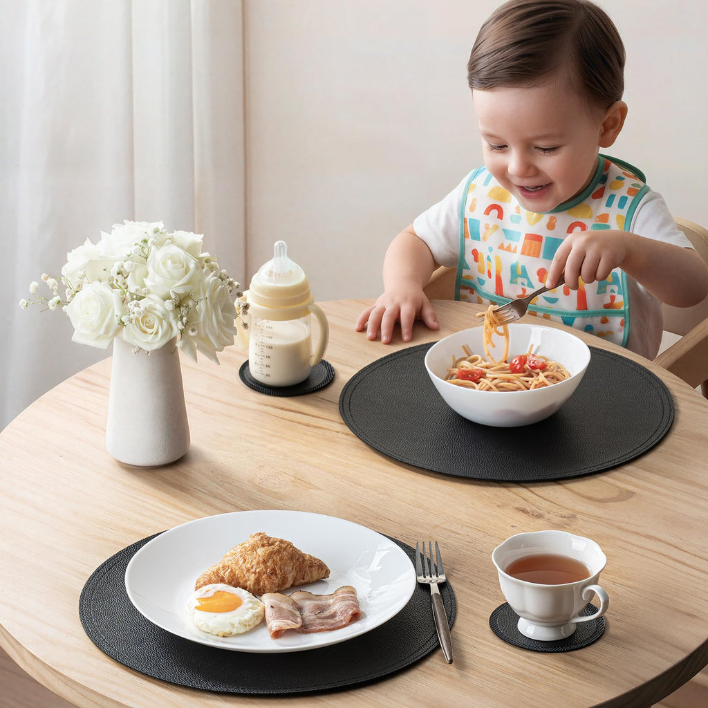 Set of 6 Faux Leather Round Placemats and Coasters, 13''and 3.9'', Black