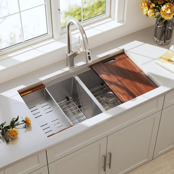 32 Inch Undermount Workstation Double Bowl Handmade Kitchen Sink | 304 Stainless Steel, 16 Gauge Thickness, Ledge for