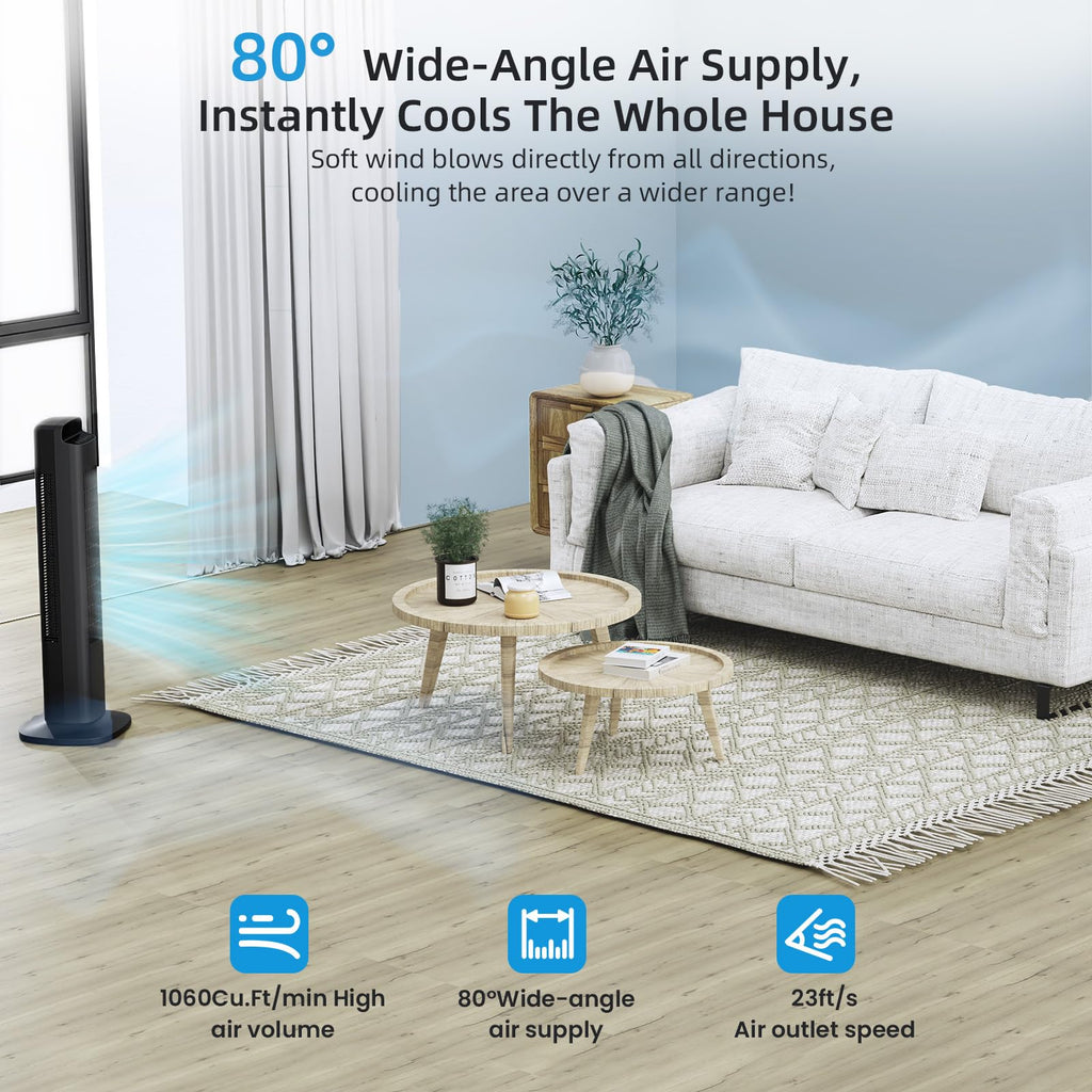 Portable Tower Fan, 80°Oscillation Fan, with Remote Control, Standing Bladeless Fan, 5 Speeds and 3 Modes, Low Noise