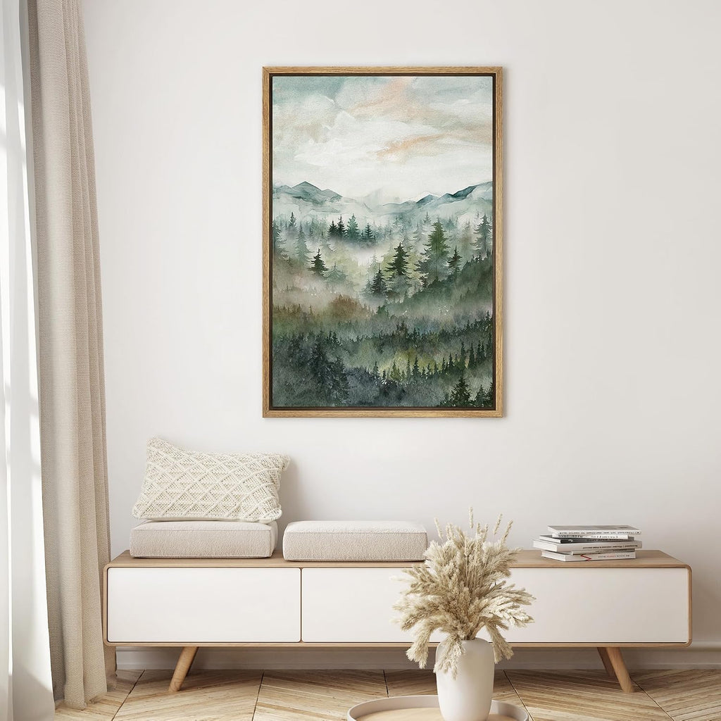 Framed Canvas Print Wall Art Woodland Nursery Decor Green Winter Mist Mountain Forest Trees Nature Modern Art