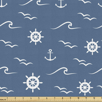 Nautical Blue Fabric by The Yard, Monochromatic Art of Marine Wheel Anchor and Waves Repetition Print, Decorative