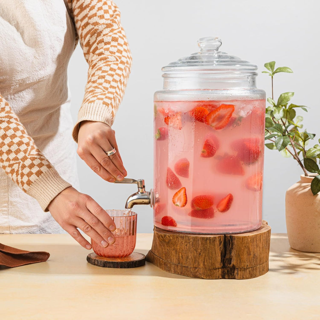Large Glass Drink Dispenser with Spout - 1.5 Gallon Tall Mason Jar Style Beverage Server with Airtight Lid & Metal