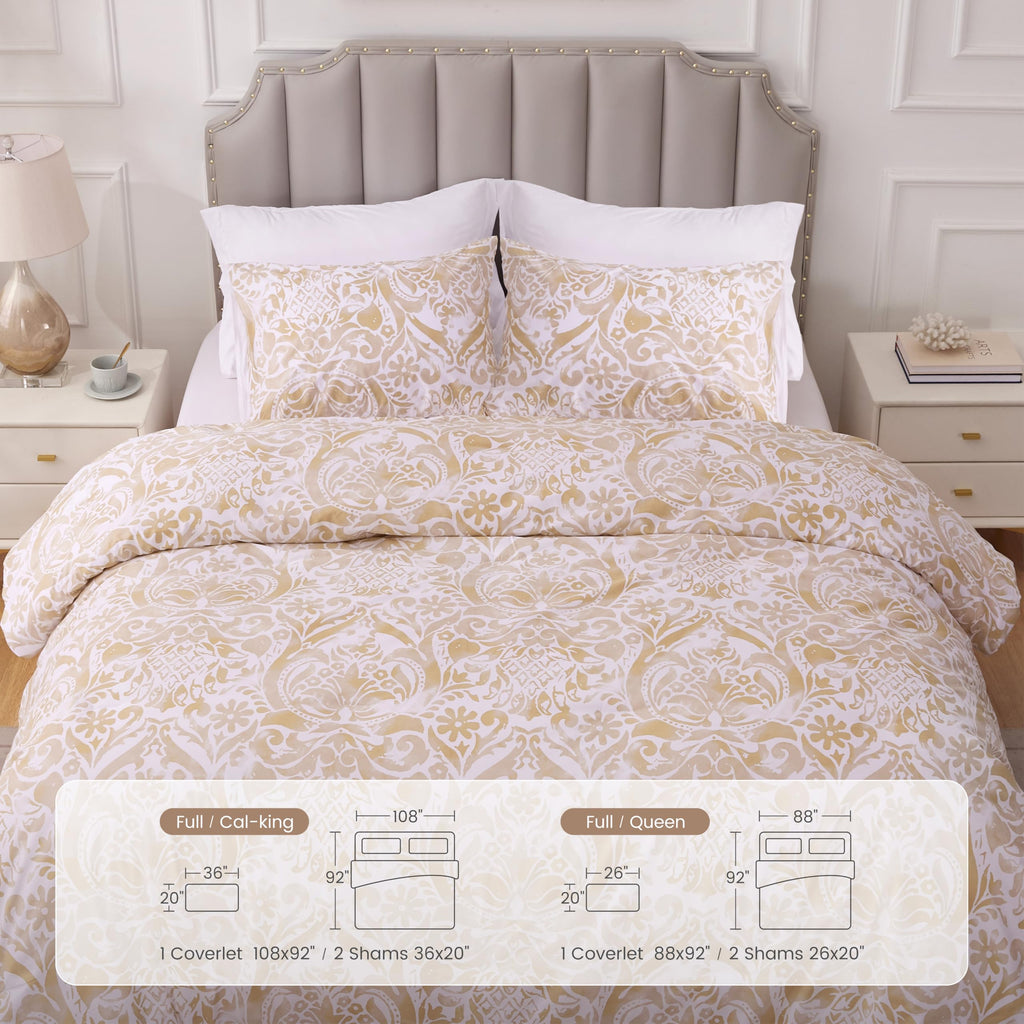 Cotton, Damask, Queen Comforter Set, 3 PCS, Bronze Damask