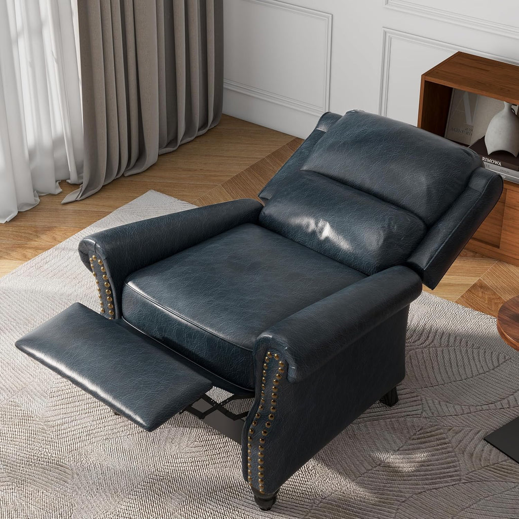 Pushback Recliner Chairs, Faux Leather Armchair, Navy - Set of 2