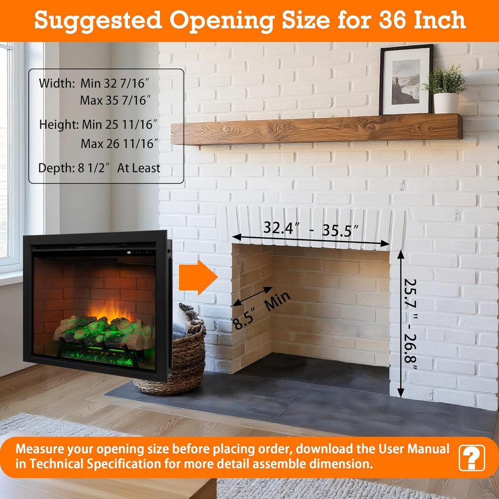Electric Fireplace Insert w/Top Light, 12×12×12 Flame Color Option with Fire Crackling Sound, 36″W×27″H