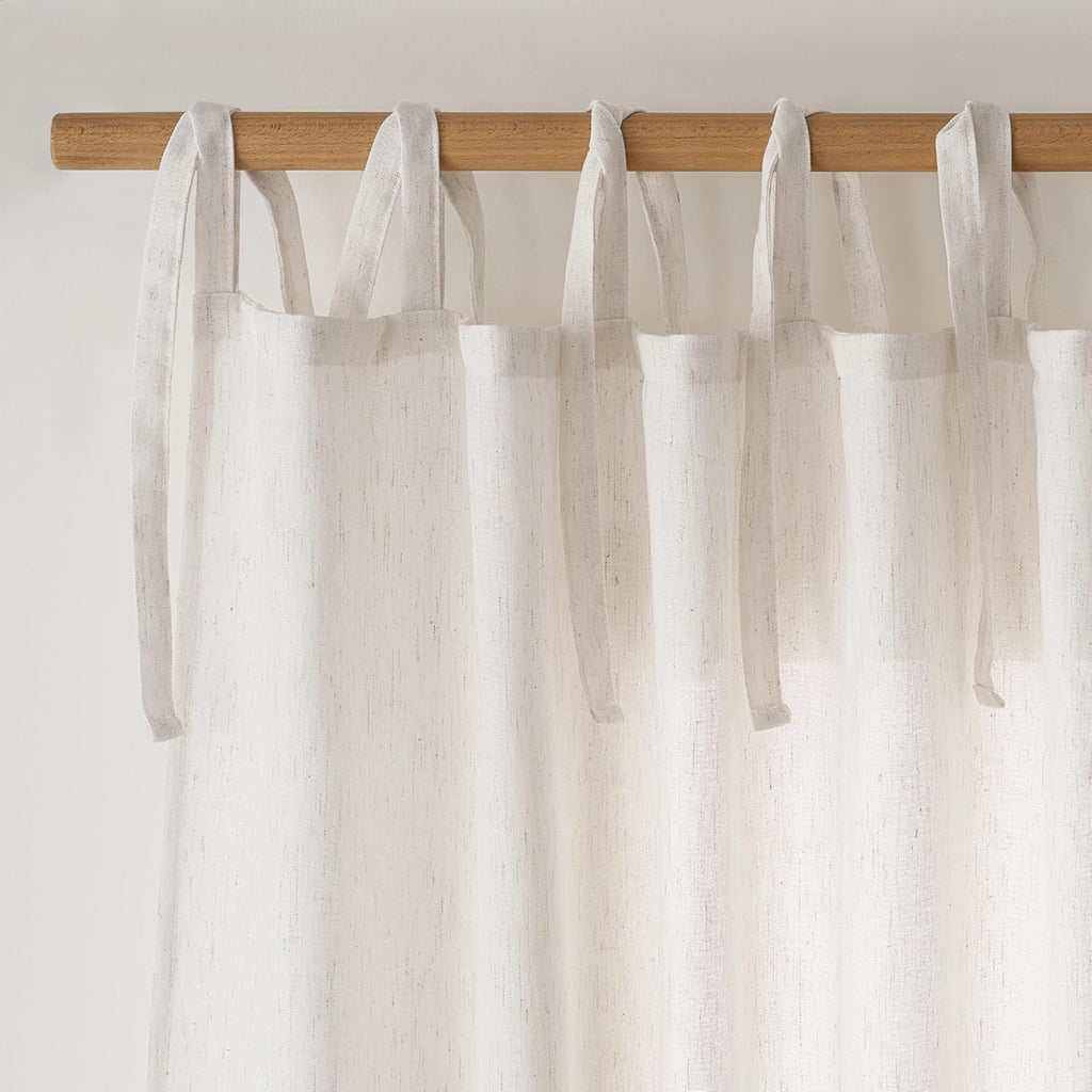 Thick Linen Tie Top Curtains 84 inches Long, Light Filtering Drapes Adjustable DIY Crafted Privacy Window Treatments