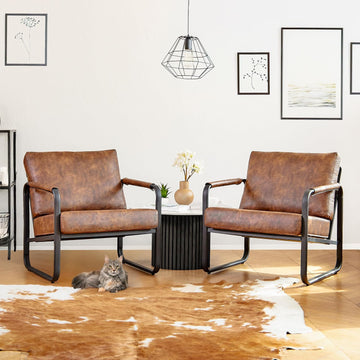 Faux Leather Mid-Century Modern Accent Chair, Brown - Set of 2