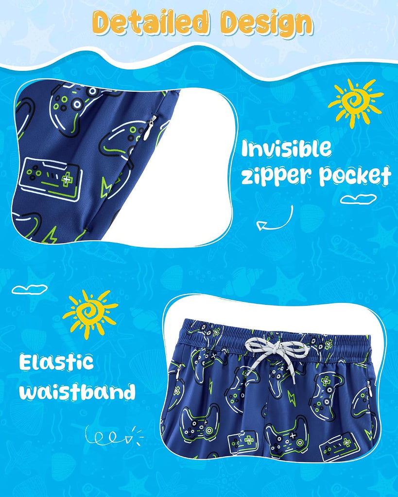 2 in 1 Boy's Swim Trunks Zipper Pockets Kids Bathing Suits