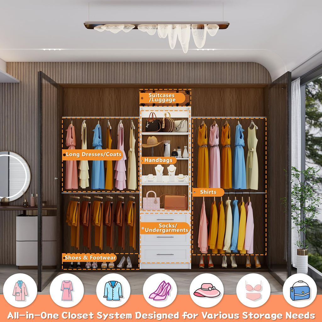 Closet System with Drawers, 4FT-9FT Modular Closet Organizer System with 4 Expandable Hanging Rods Adjustable Wooden