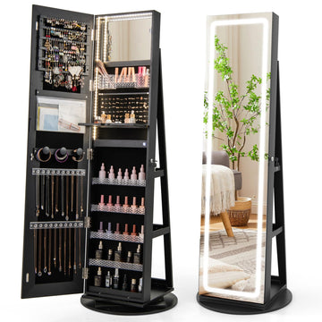 360° Swivel Jewelry Cabinet Armoire with Full Length Mirror, Standing Jewelry Storage Organizer with Rear Storage