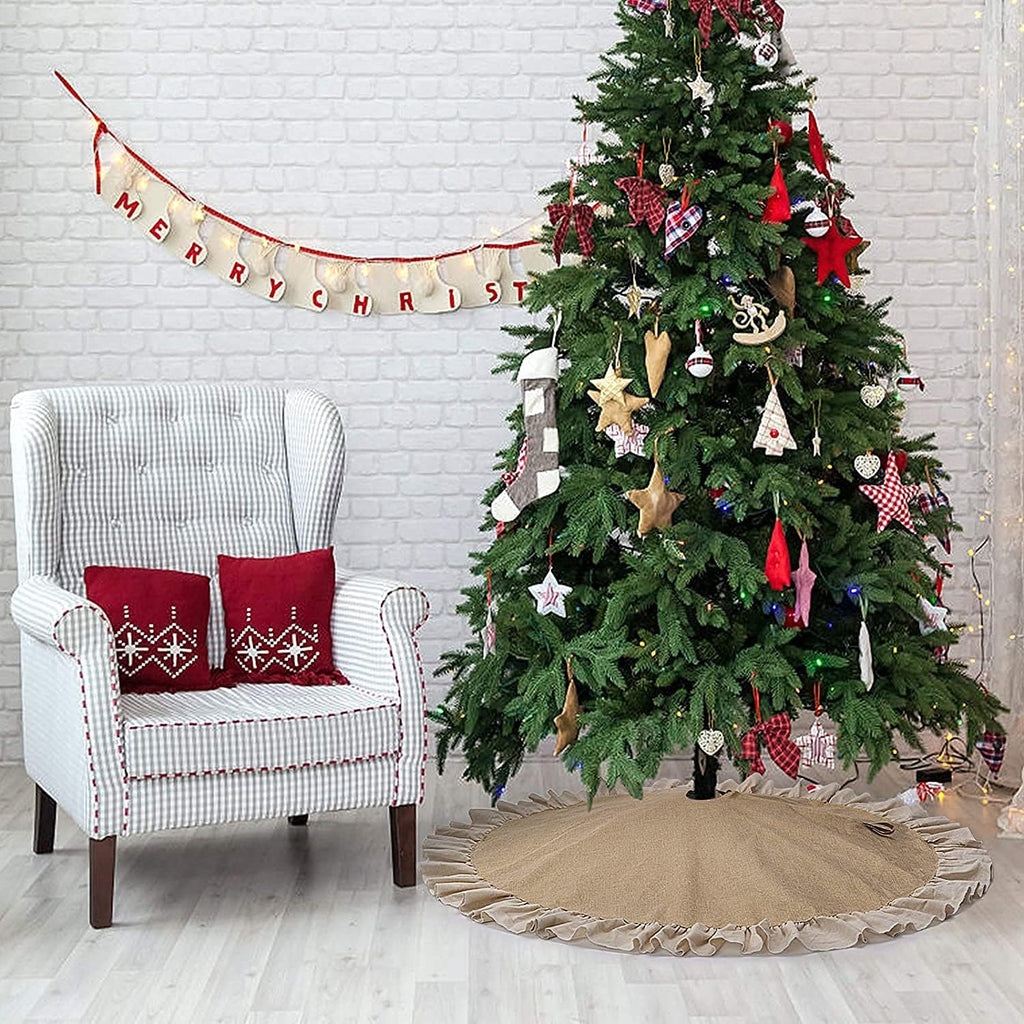 Fall Burlap Tree Skirt with Ruffle, 48 inch Linen Christmas Tree Decoration
