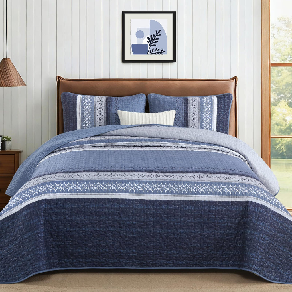 Quilt Bedding Set, Navy Blue Patchwork Striped Bedspread