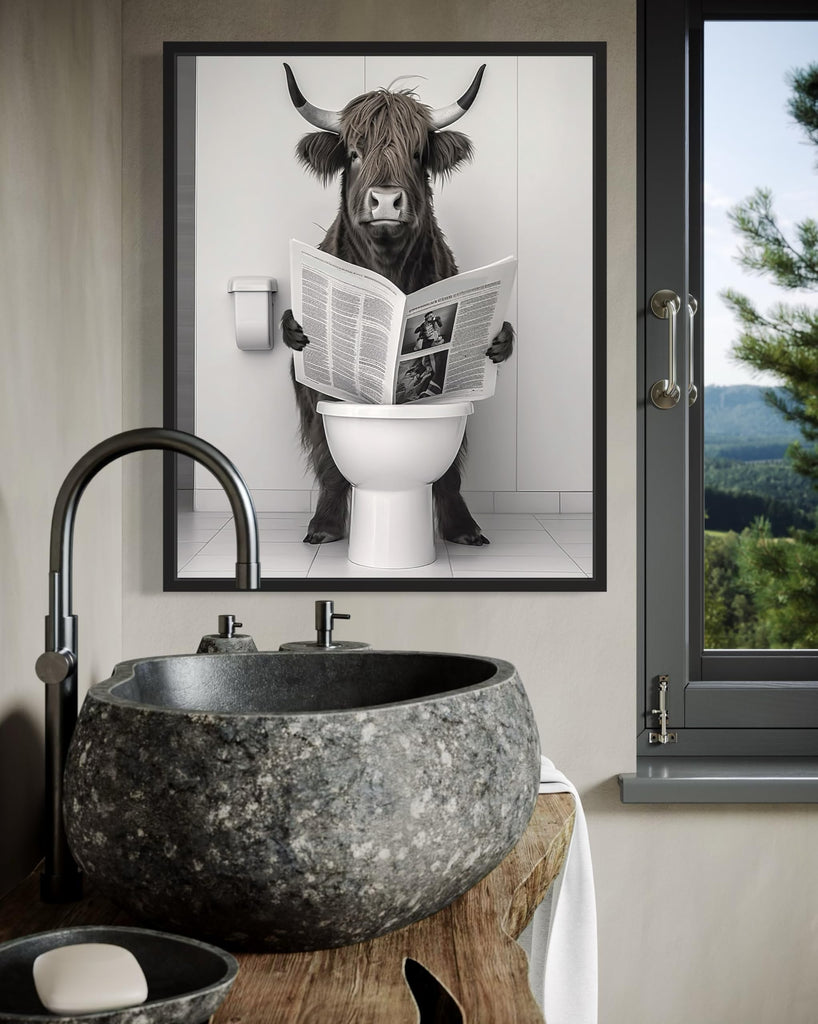 Highland Cow on Toilet Bathroom Black Framed Art Print Poster, Humor Aesthetic Wall Art Painting Photo Pictures