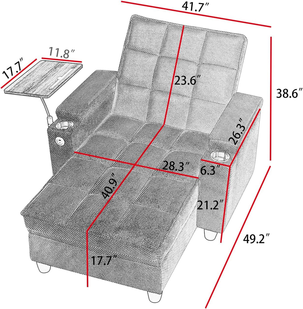 6-Position Adjustable Convertible Chaise Lounge Sleeper Chair with Storage, Modern Recliner Armchair with Swivel Tray