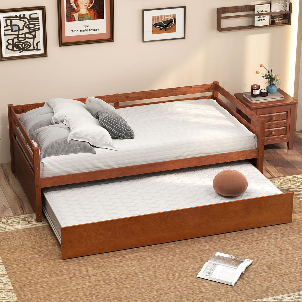 Twin Daybed with Trundle, Wood Trundle Bed with Wood Slat Support, Mid Century Day Bed Frame Guest Room, No Box