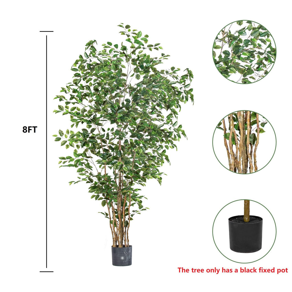 Artificial Ficus Tree Indoor 8ft, Large Potted Faux Tree with Realistic Silk Leaves & Trunk Corner Decor