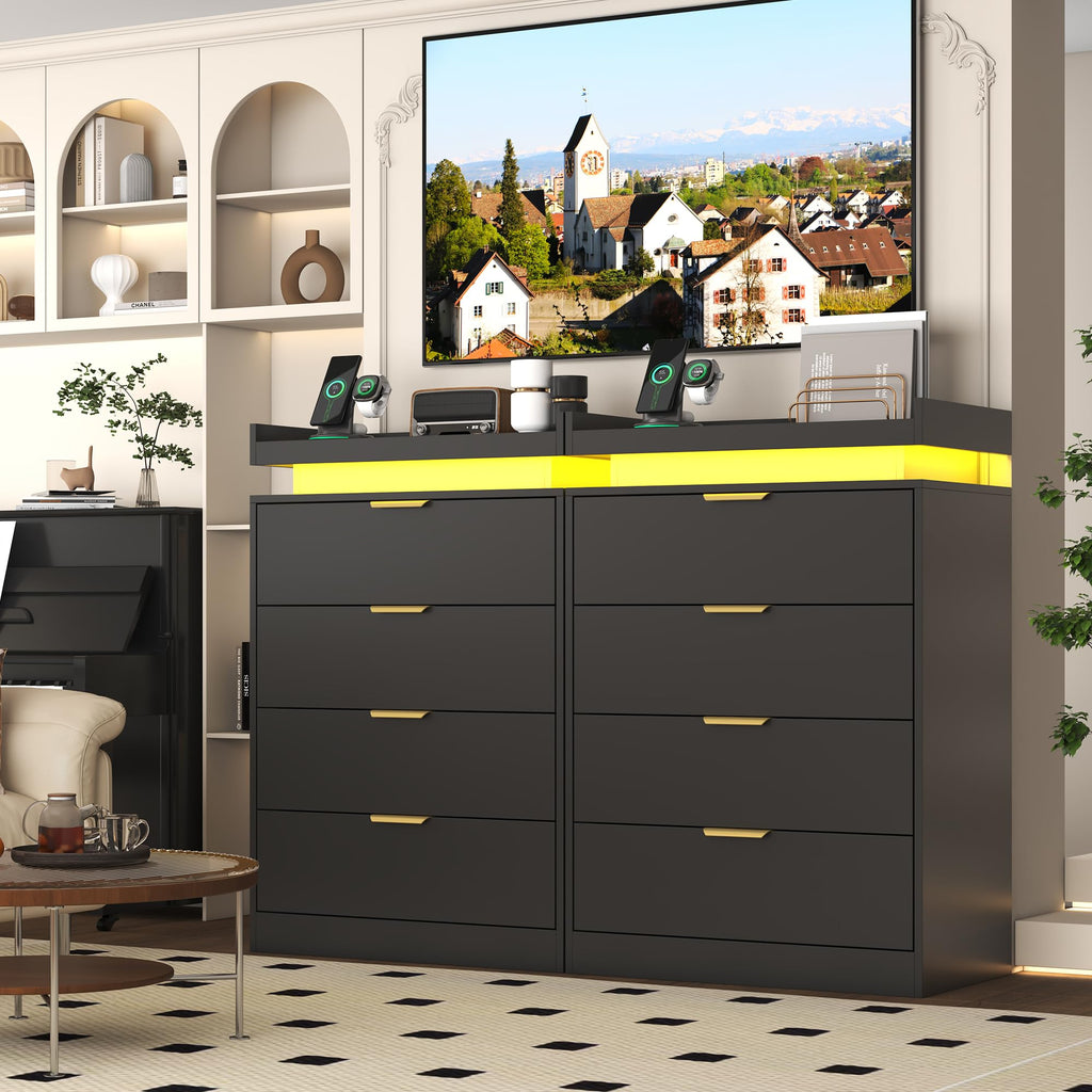 Black Dresser with LED Lights, Wooden LED Dresser, 4 Drawer Chest with Charging Station, Tall Chest of Drawer Closet