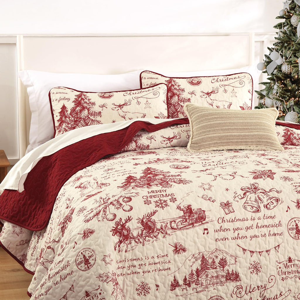 Christmas Quilt Set Queen, 3 Pcs Microfiber Bedspread with 2 Pillow Shams