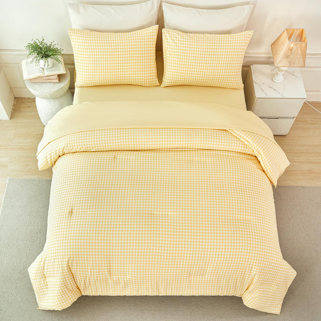 Gingham Bedding Sets 5Pcs Yellow Soft Plaid Bed in a Bag