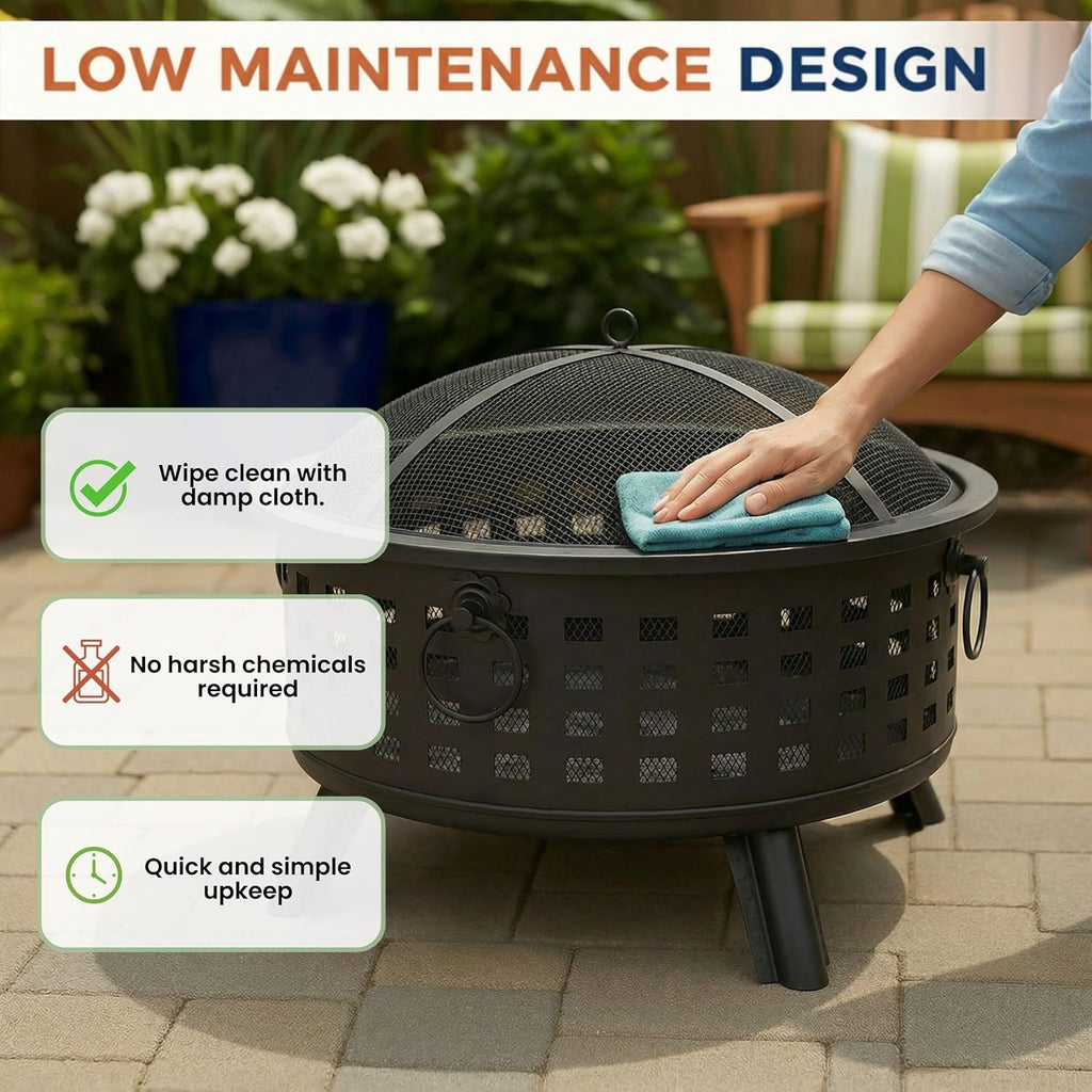 Outdoor Fire Pit - 26-Inch Round Lattice Wood Burning Firepit with Screen, Poker, Grate and Cover