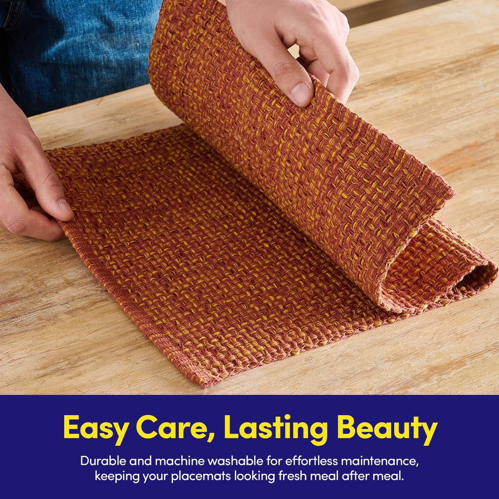 100% Cotton Placemats Rectangle Two Tone Woven Fabric 13" x 19" Soft Durable Table Mat Set, Rust - Set of 6