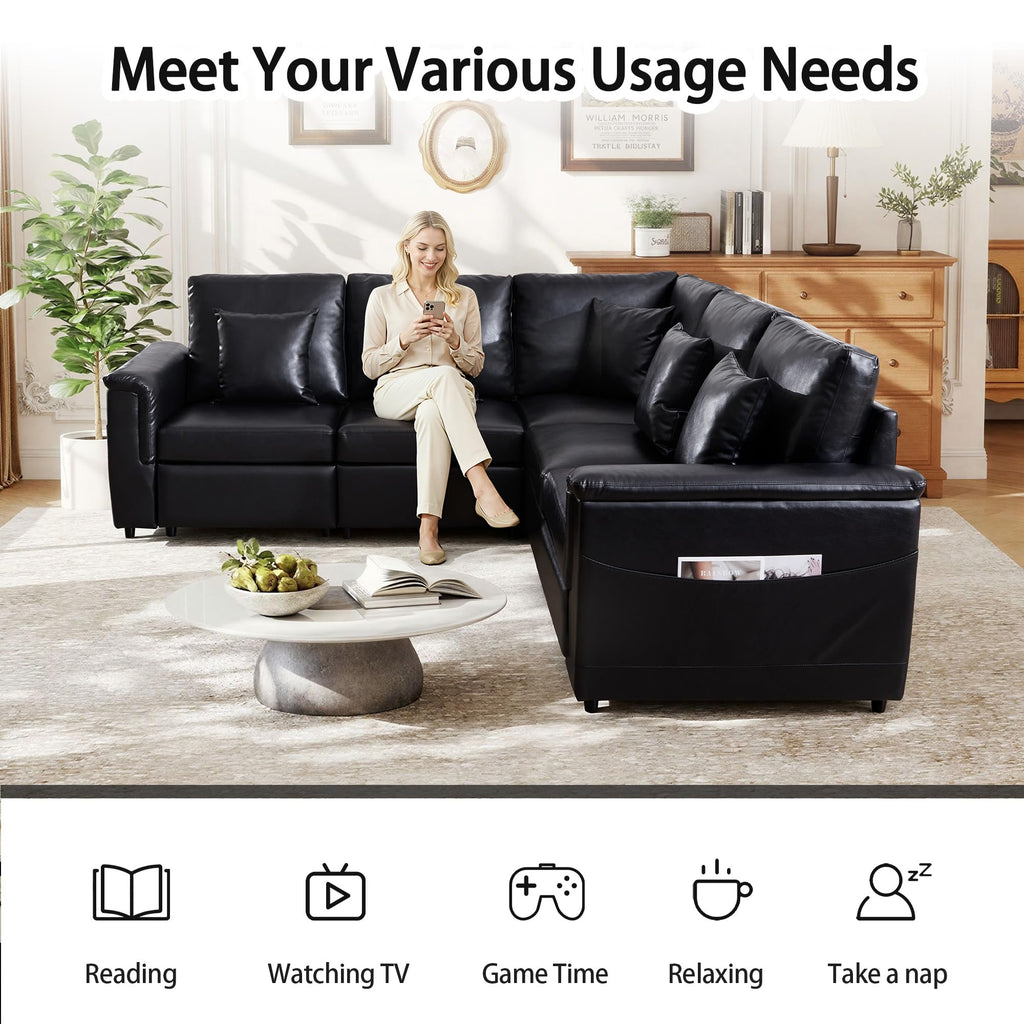 Faux Leather Sectional Sofa, Oversized L Shaped Modular Cloud Couch with Pillows, Modern 6 Seater Leather Couch