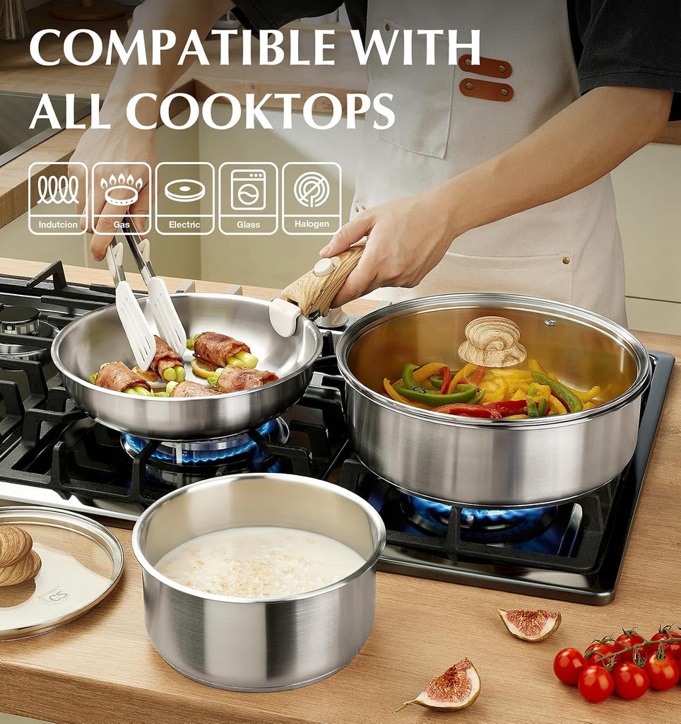 Stainless Steel Cookware Set, 18/10 Stainless Steel Pots and Pans Set 11PCS, Detachable Handle Pots and Pans for Easy