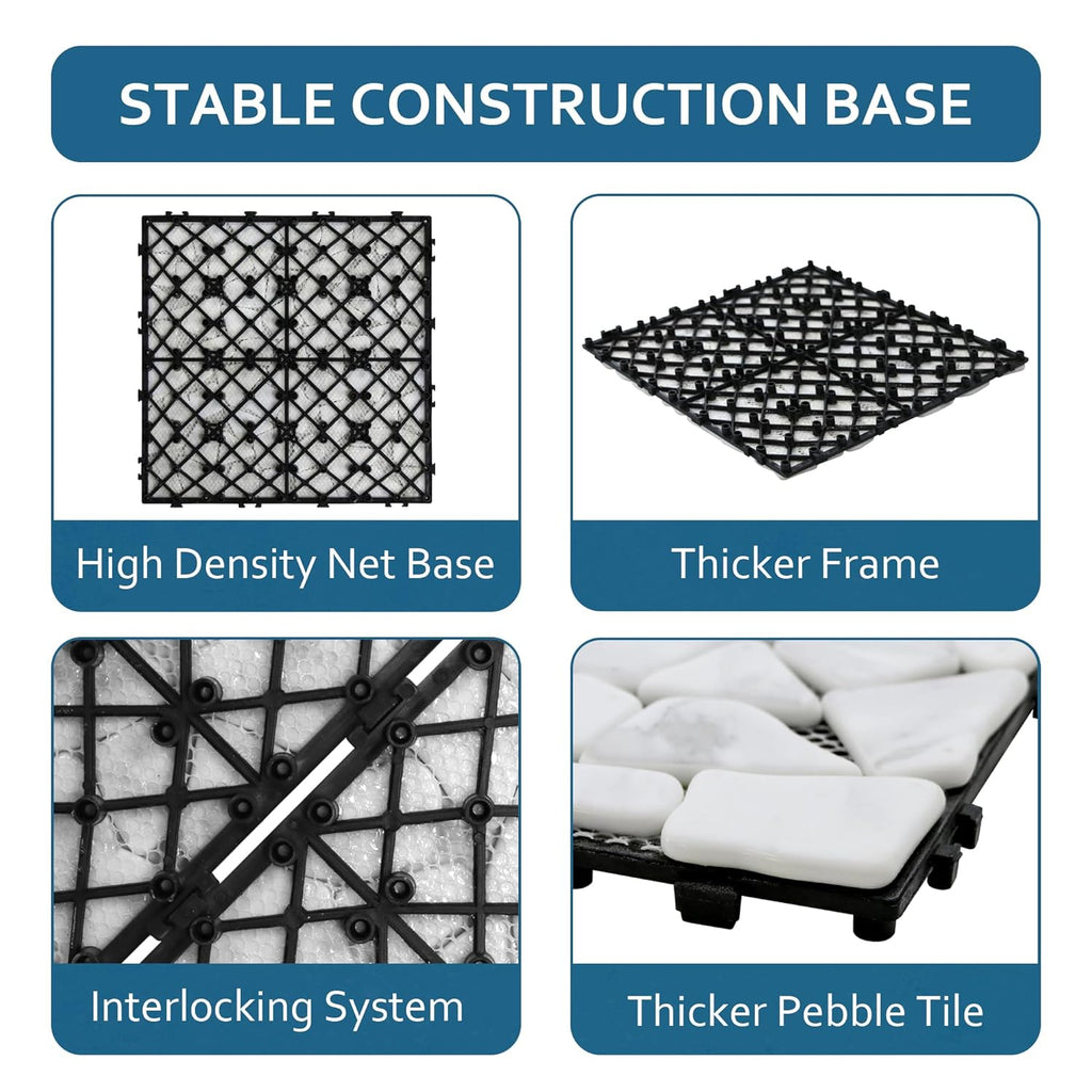 4PCS Natural Pebble Interlocking Deck Tiles, 12" x 12" Recycled Glass Marble Looks Waterproof Patio Deck, Outdoor &