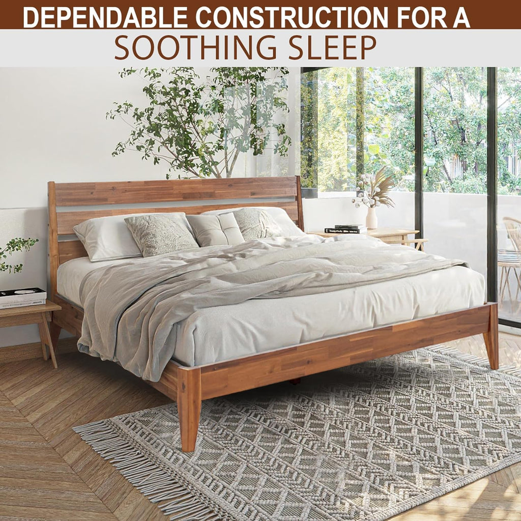Emery Bed Frame with Headboard Solid Wood Platform Bed, Queen Size Bed Frame, Mid - Century Modern Wood Bed