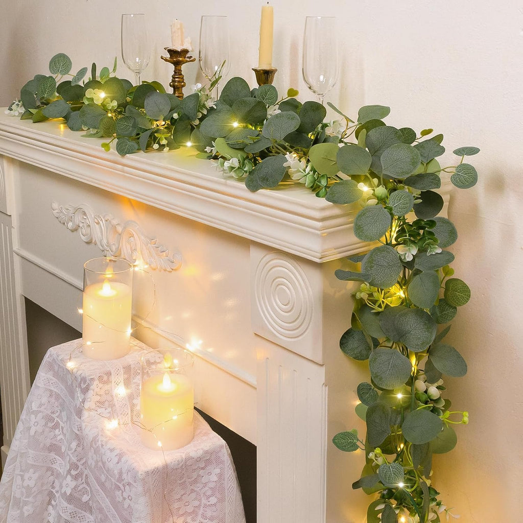 1 Pack Artificial Eucalyptus Garland with Lights, 6FT Artificial Greenery Summer Garlands, Battery Operated Twig Vine