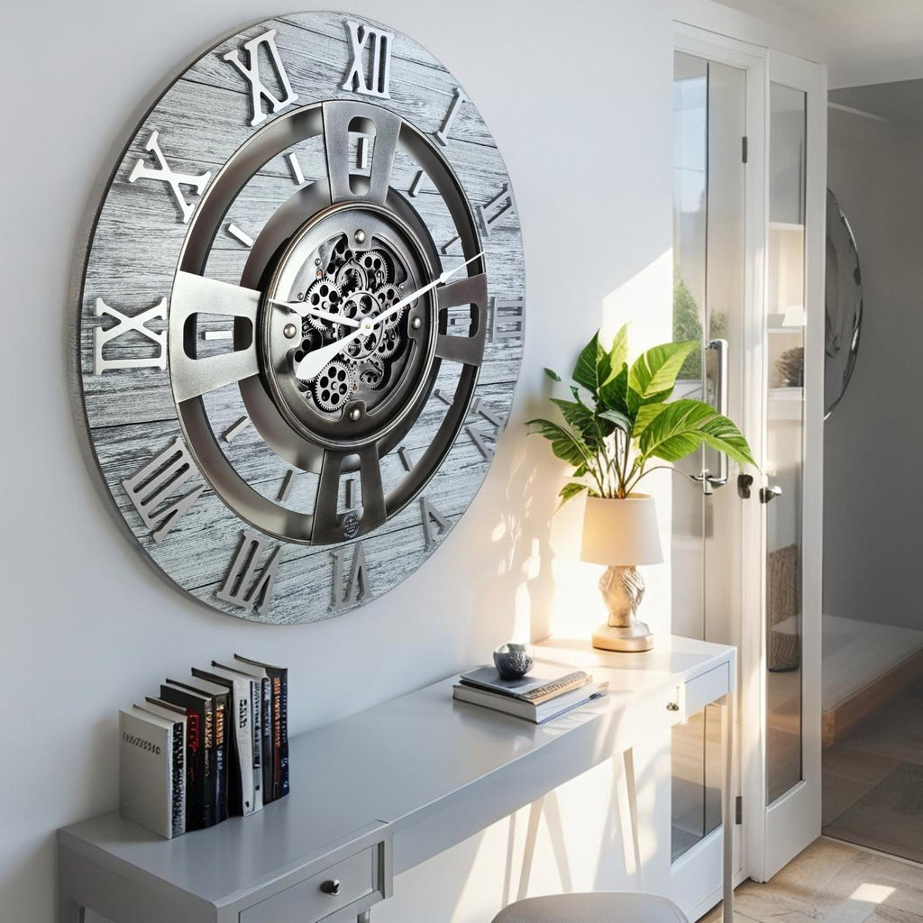 Real Moving Gear Wall Clock England Line (Silver Grey, 24 inches (60 cm))
