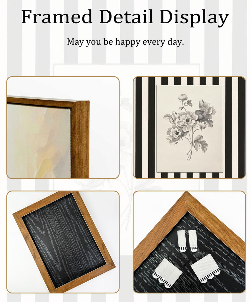 Yellow Framed Stripes Flower Canvas Wall Art Black White Striped Floral Painting Decor Pictures Vintage Sketch Plant