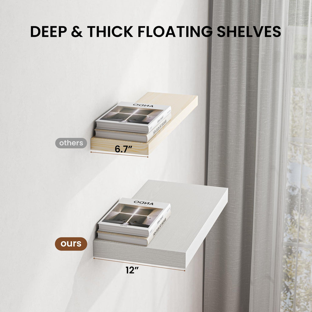 48" Floating Shelves for Wall, 12" Deep Thicker White Floating Shelves, Wall-Mounted Shelves - Set of 2