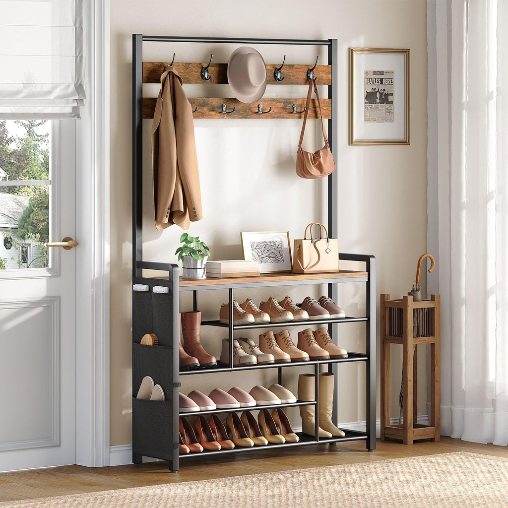Hall Tree with Bench, Shoe Rack with Coat Rack, 39.4" Coat Rack with Shoe Storage, 5 Tier Shoe Storage Organizer