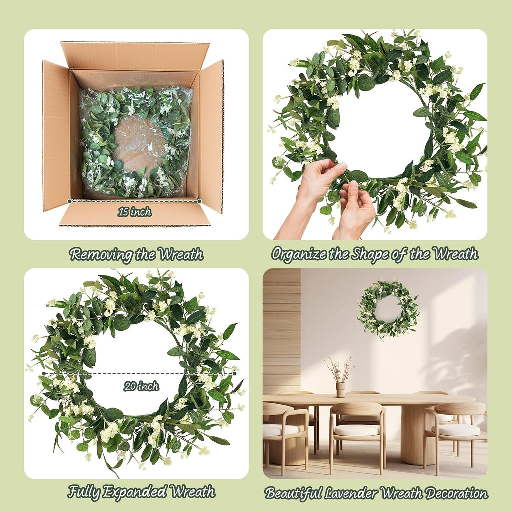 20" Artificial Eucalyptus Wreath for Front Door - All Seasons Greenery Wreath with Berries, Rustic Farmhouse Hanging