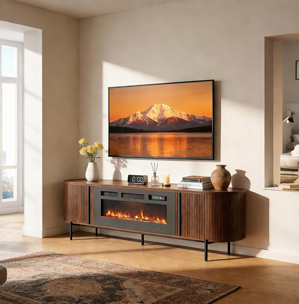 70" Fluted TV Stand with Fireplace, Mid Century Modern TV Stand, Entertainment Center for TVs Up to 80"