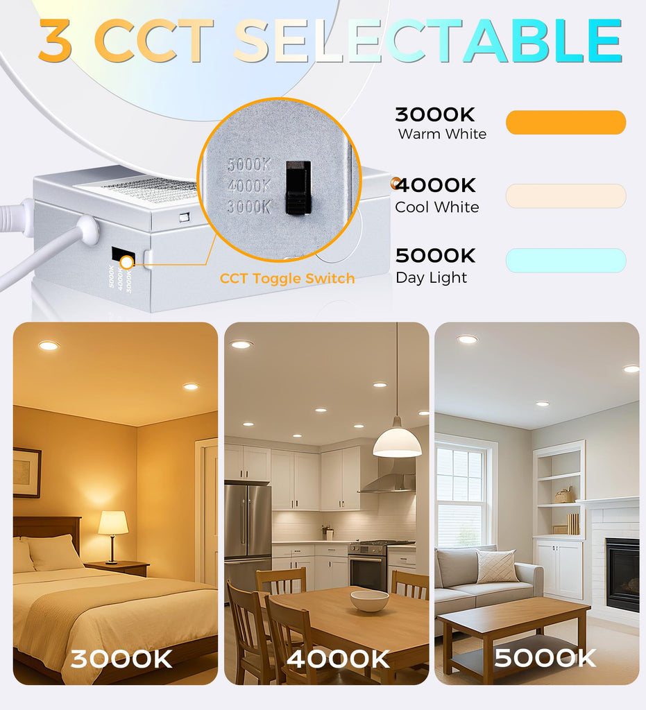 BAY 6 inch 3000K/ 4000K/ 5000K Selectable,Dimmable Recessed Lighting 15W CRI90+,Ultra Thin LED Recessed Light