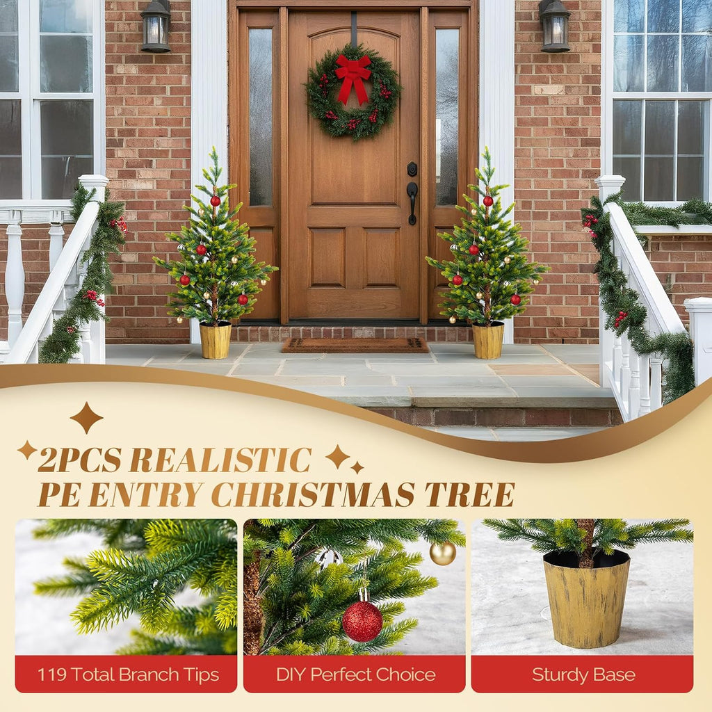 4ft Artificial Trees, Small PE Xmas Trees w/Plastic Pots, 119 Branch Tips Each, Perfect Symmetrical Holiday Decor Dec
