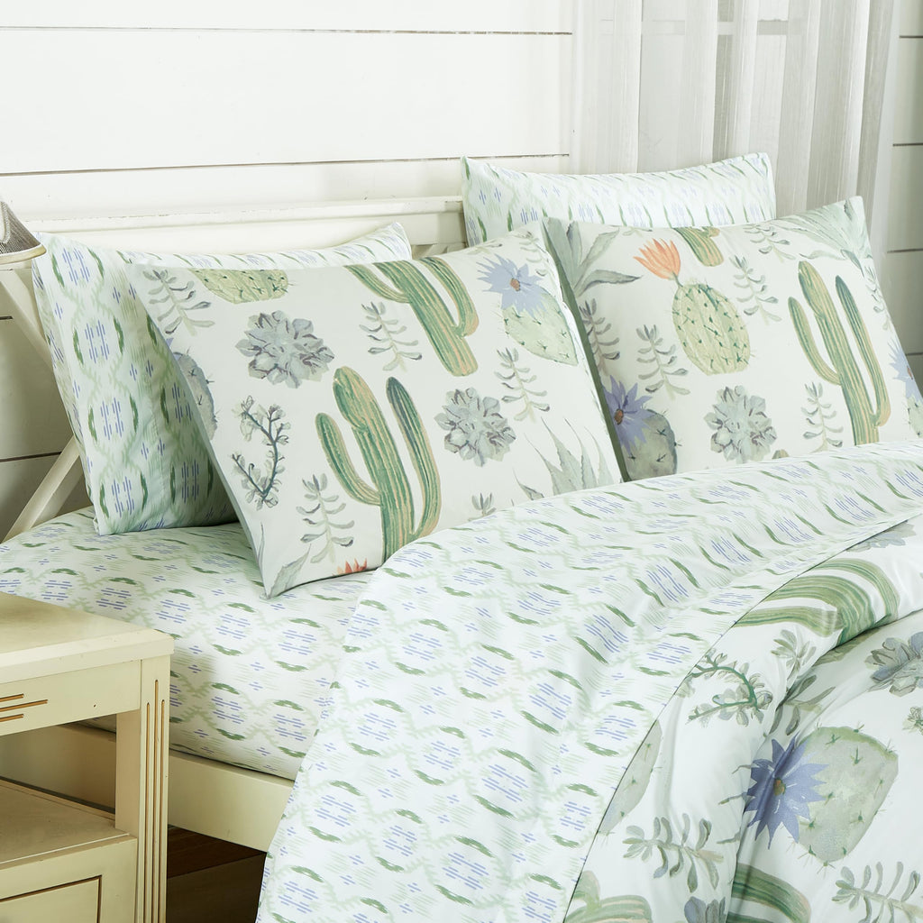 Gregory 7-Piece Serene Lodge Bed in a Bag Comforter Set - Green Blue Cactus Succulent Plant Printed Microfiber