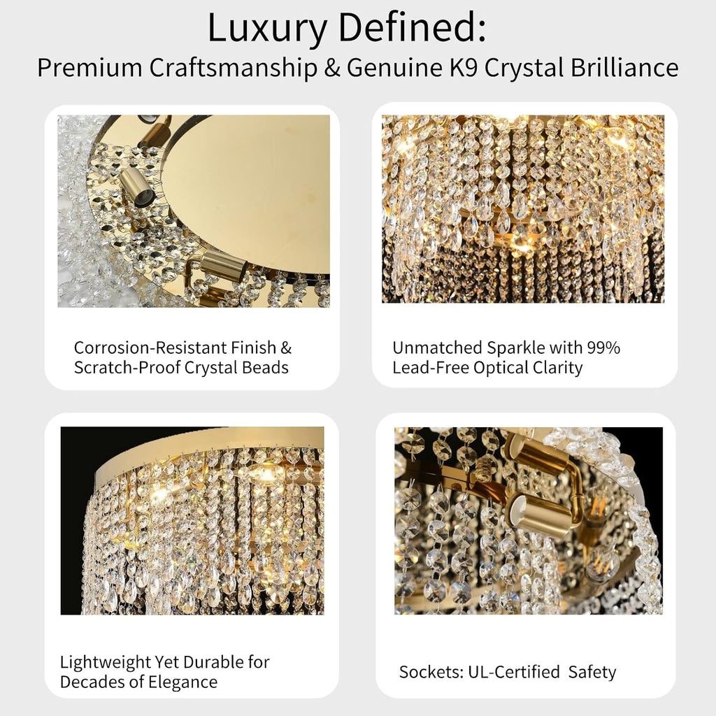 Modern Crystal Chandelier 24 inch Large Gold Chandeliers Ceiling Light Round Raindrop Chandeliers Flush Mount