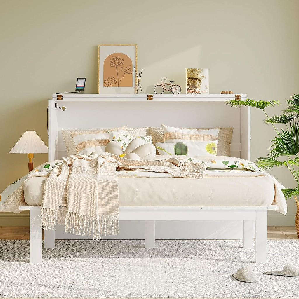 Foldable Murphy Cabinet Bed with Removable Shelves on Each Side and Desk, Queen Wood Murphy Bed with USB Port for