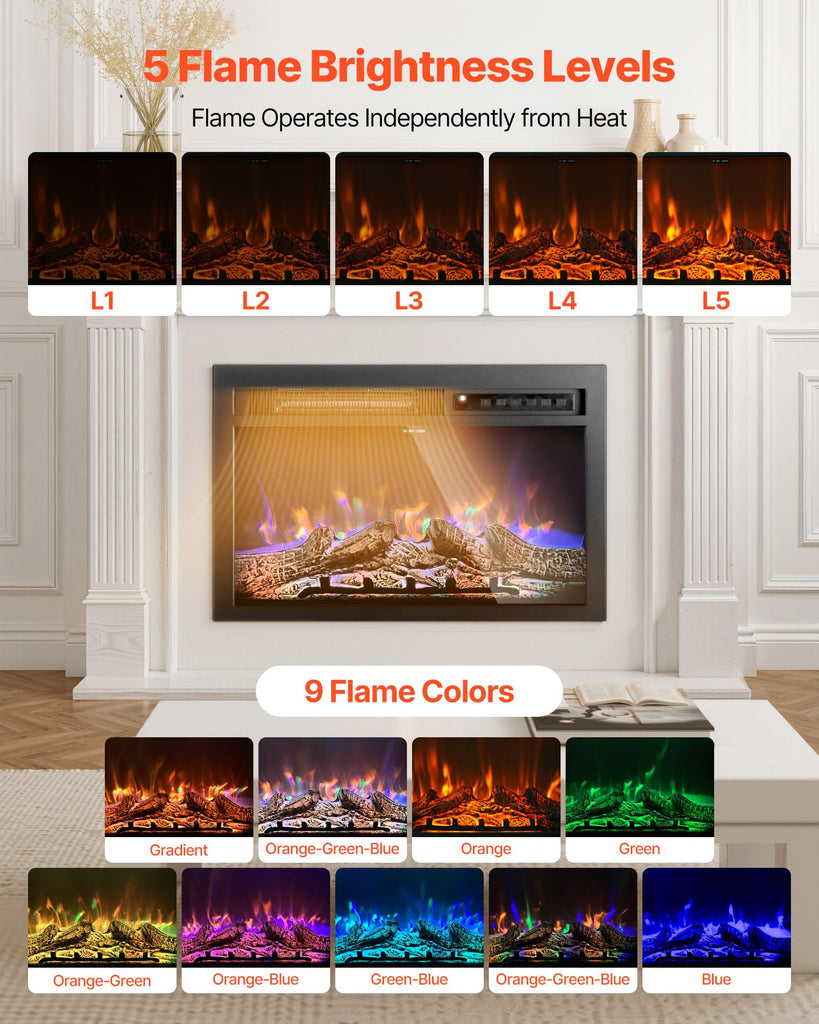 Electric Fireplace Insert, 26 inch Recessed and Wall Mounted with Adjustable Flame Color Brightness & 8h Timer &