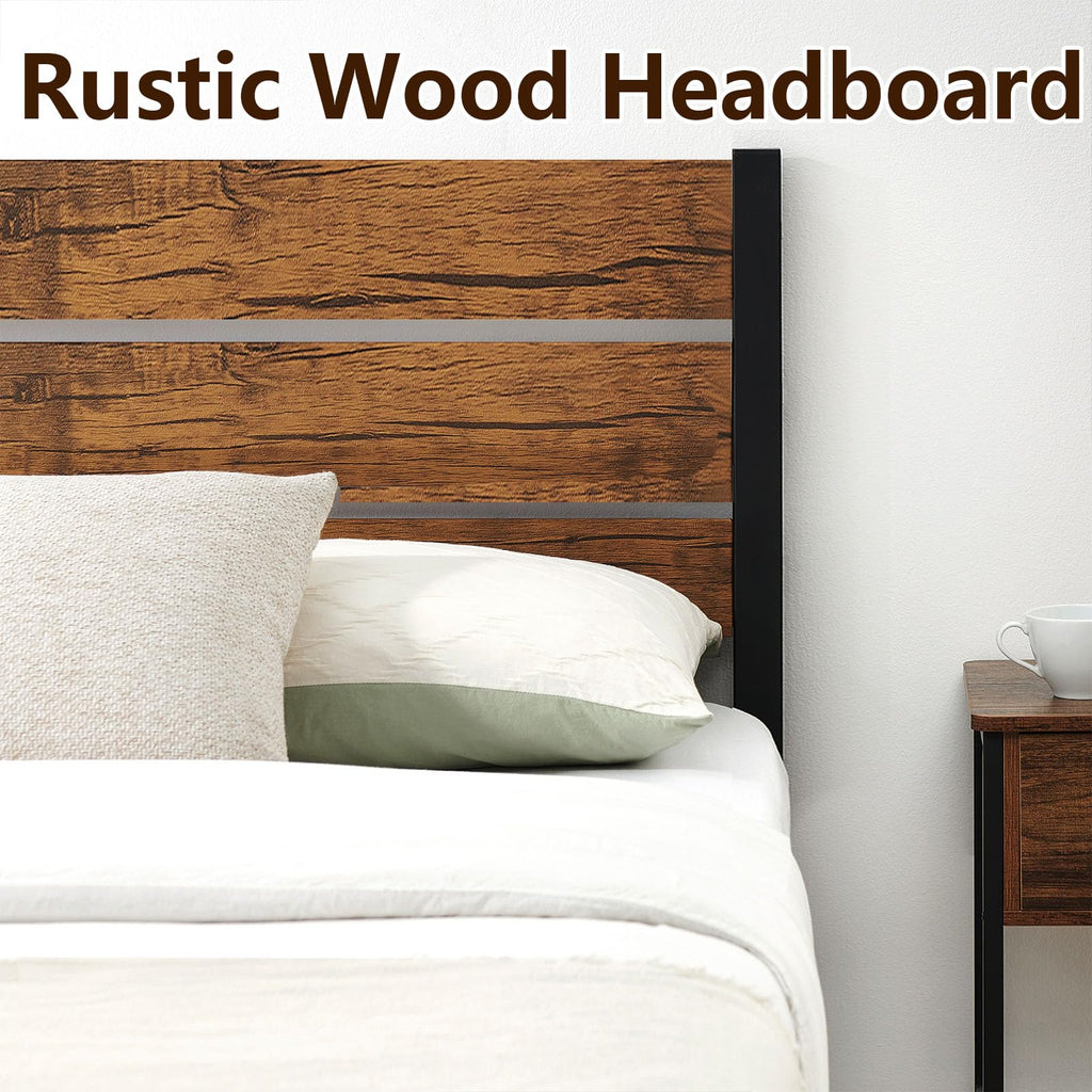 Rustic Queen Metal Bed Frame with Headboard, Rustic Brown