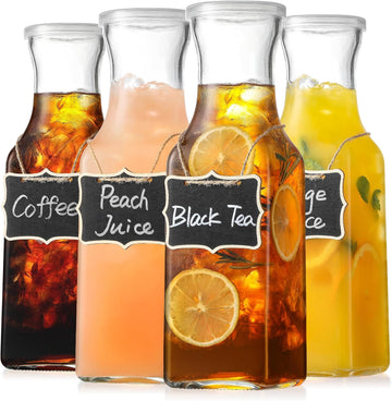 Set of 4 Square Glass Carafe with Lid, 1 Liter Clear Glass Pitcher, Beverage Serveware Carafe for Mimosa Bar, Brunch